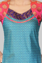 Blue Kurta With Pink And Violet Banaras Yoke