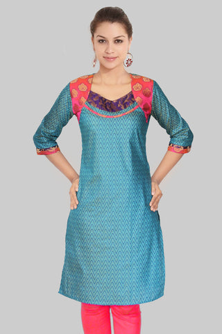 Blue Kurta With Pink And Violet Banaras Yoke