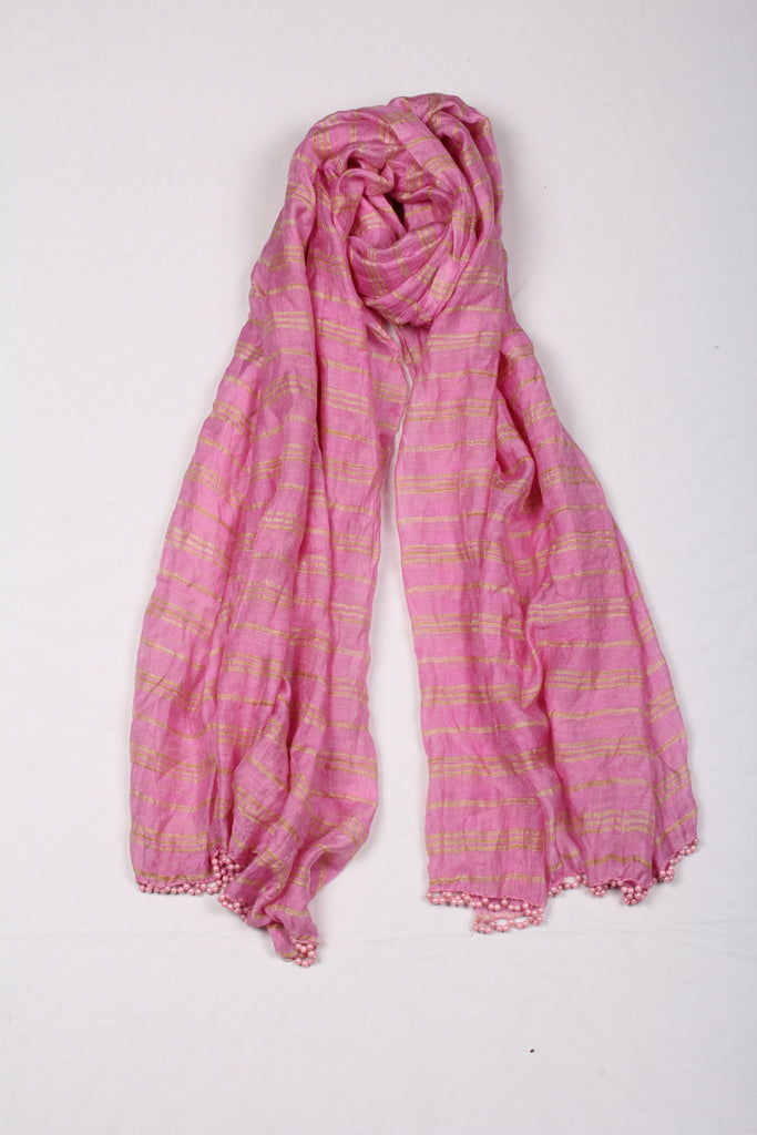 Pink Gold Stripes And Beaded Dupatta
