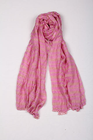 Pink Gold Stripes And Beaded Dupatta