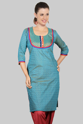 Light Blue Printed Kurta With Banaras Neck Design