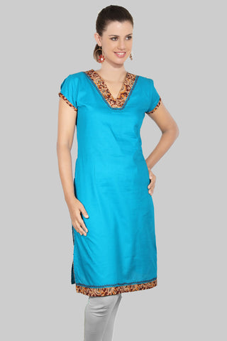 Blue V Neck Kalamkari Kurta