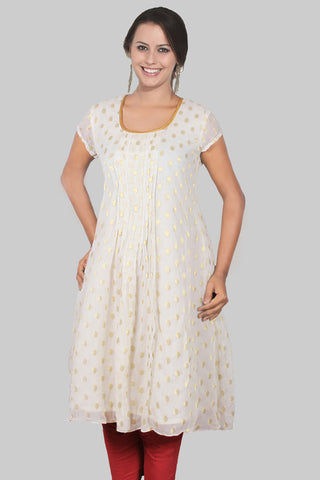 White Golden Zari Flared Kurta