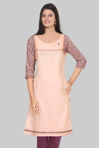 Beige Kurta With Printed Corduroy Sleeves