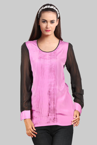 Pink Tucks Top With Black Sleeves