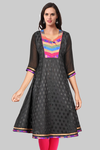 Black Jacquard Flared Kurta With Net Sleeves