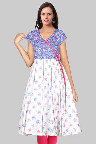 White And Blue Printed Flared Kurta