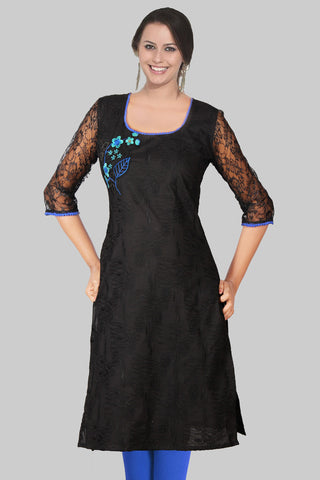 Black Hakoba Kurta With Net Sleeves