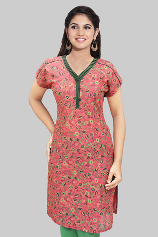 Red Printed Y-Neck Kurta