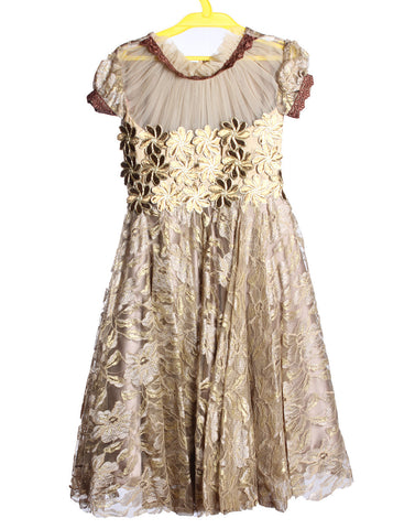 Beige, Golden Laced Girl's Dress