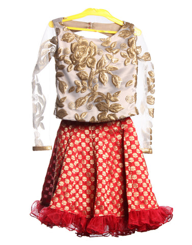 White And Red Brocade Girl's Dress