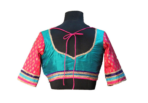 Blue And Pink Raw Silk Blouse