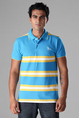 Yellow & White Wide Stripes On Vivid Blue Polo