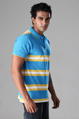 Yellow & White Wide Stripes On Vivid Blue Polo