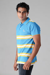 Yellow & White Wide Stripes On Vivid Blue Polo