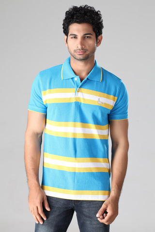 Yellow & White Stripes On Vivid Blue Polo