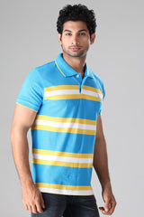 Yellow & White Stripes On Vivid Blue Polo