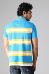 Yellow & White Stripes On Vivid Blue Polo