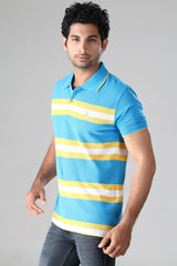 Yellow & White Stripes On Vivid Blue Polo