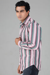 Slim Fit Red,Green & Grey Striped Shirt