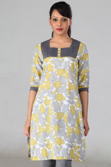 Yellow,Grey Printed kurta.