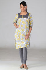 Yellow,Grey Printed kurta.