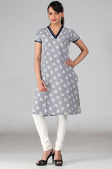 Navy White Check Floral Kurta