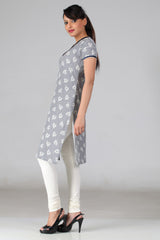 Navy White Check Floral Kurta