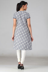 Navy White Check Floral Kurta