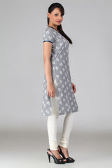 Navy White Check Floral Kurta