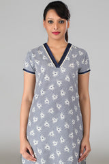 Navy White Check Floral Kurta