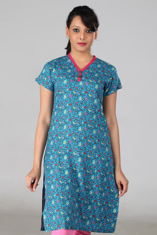 Blue Printed V-Neck Kurta