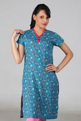 Blue Printed V-Neck Kurta