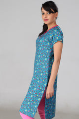 Blue Printed V-Neck Kurta