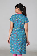 Blue Printed V-Neck Kurta