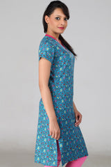 Blue Printed V-Neck Kurta