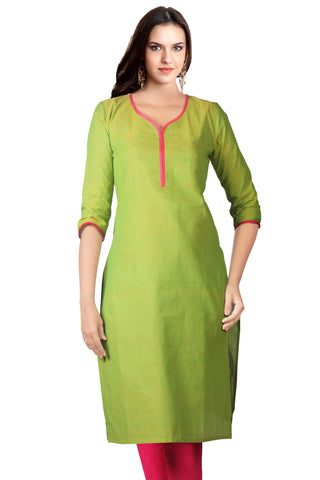 Yellow Green Kurta With Pink Piping