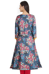 Blue And Red Floral Printed Flared Kurta