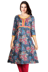 Blue And Red Floral Printed Flared Kurta