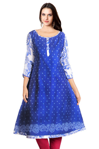 Blue And White Printed Flared Kurta